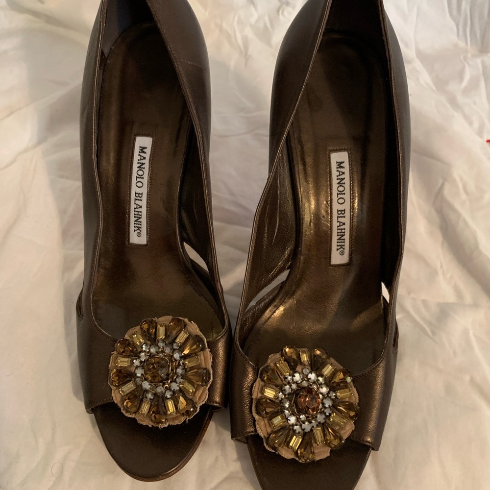 Manolo Blahnik Dark Brown Embellished Heels